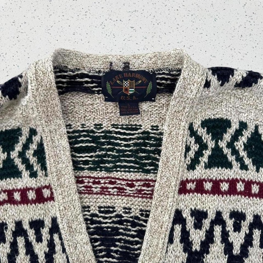 Lake Harmony USA Vintage Cotton Cardigan Sweater Geometric Southwestern L - Picture 3 of 8